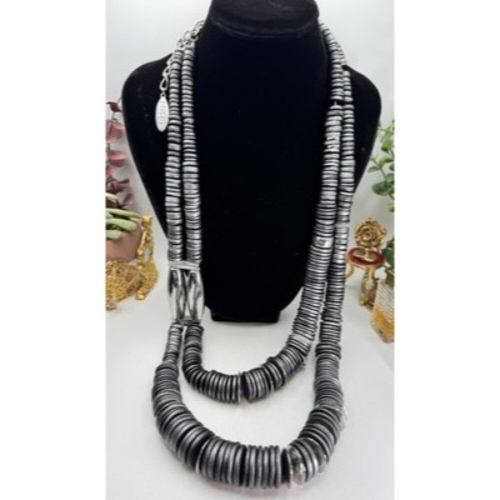 Chicos Chunky Metallic Gray SilverTone Disk Rhinestone Statement LayeredNecklace